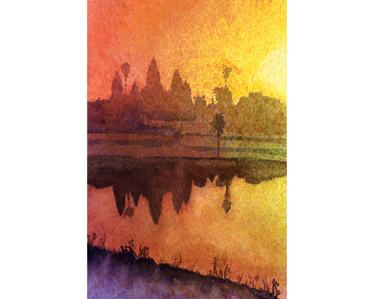 Original watercolor of Cambodia’s Angkor Wat ruins set against a dramatic sunset—perfect travel essentials wall art and thoughtful gift for him or her.