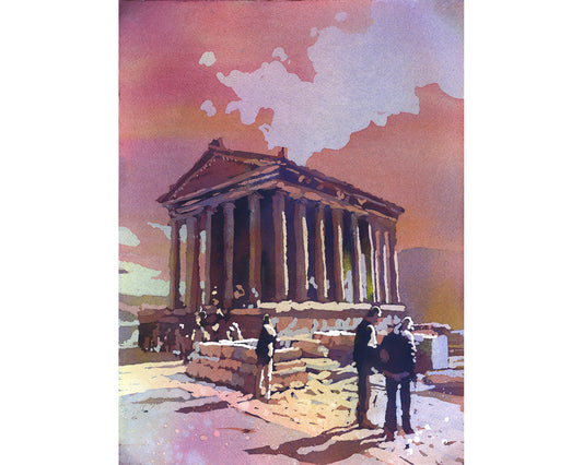 Colorful watercolor landscape painting of the Roman ruins at Garni, Armenia, with vivid skies and ancient stone columns—ideal travel decor and gift for him or her.