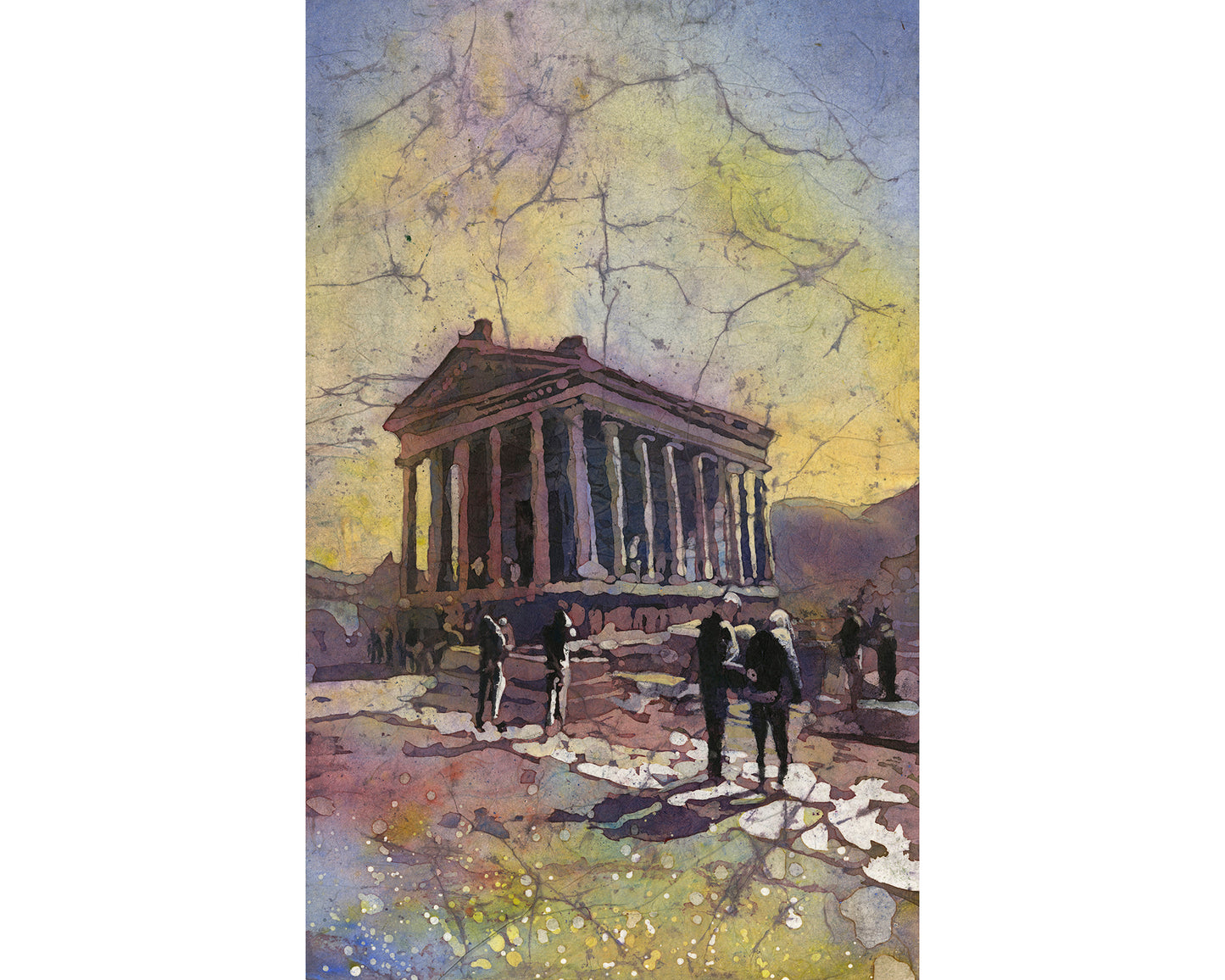Watercolor landscape painting of the Roman ruins at Garni, Armenia, featuring ancient columns bathed in warm sunset tones—perfect Armenian architecture wall art for travel-inspired interior design.