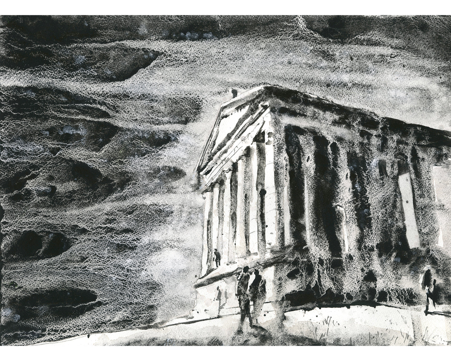 Black and white watercolor painting of Garni Temple Armenia Roman ruins with dramatic sky texture and figures for scale, travel architecture art