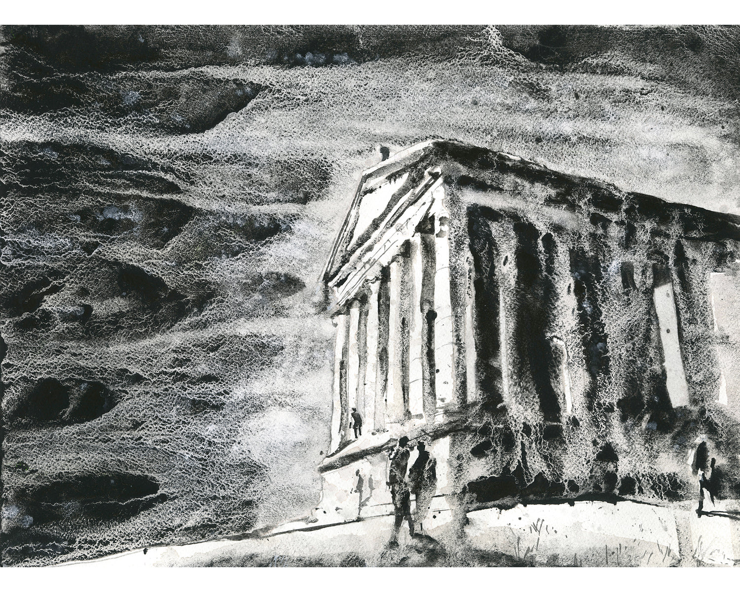 Black and white watercolor painting of Garni Temple Armenia Roman ruins with dramatic sky texture and figures for scale, travel architecture art