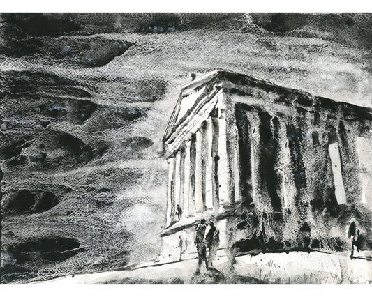 Black and white watercolor painting of Garni Temple Armenia Roman ruins with dramatic sky texture and figures for scale, travel architecture art