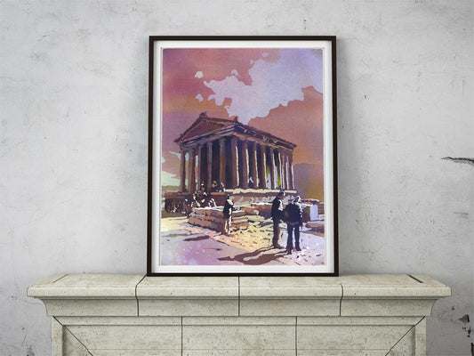 Roman ruins at Garni Armenia colorful watercolor landscape painting Armenian architecture travel decor (original)