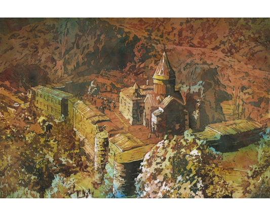 Colorful handmade batik watercolor painting of Geghard Monastery nestled in Armenia’s rugged cliffs, ideal for Armenian home decor or unframed travel art prints.