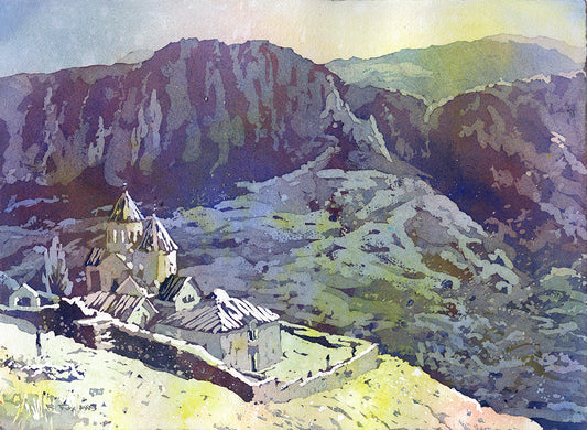 Watercolor painting of Khor Noravank monastery nestled in a narrow gorge above the Amaghu River in Armenia—perfect travel essentials and historic wall decor.