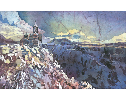 Colorful watercolor painting of Saghmosavank Monastery perched above a dramatic Armenian gorge.