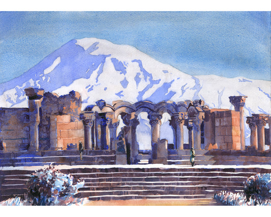 Colorful watercolor painting of Zvartnots Cathedral ruins near Yerevan, Armenia with majestic Mount Ararat in the background—ideal for travel wall decor and cultural interior design.