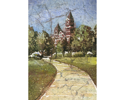 Colorful watercolor batik painting of Samford Hall at Auburn University in Auburn, Alabama.