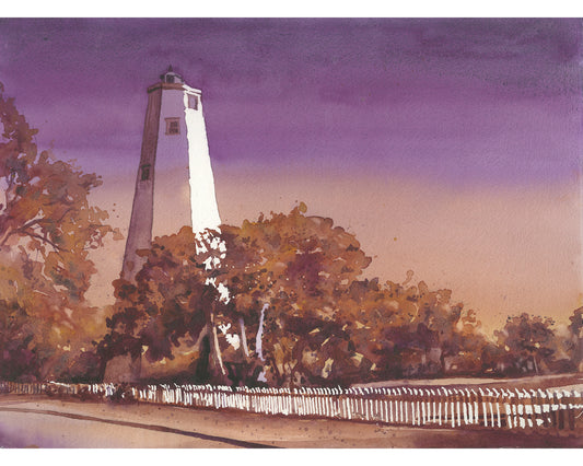 Bald Head Island lighthouse sunset watercolor landscape Outer Banks North Carolina (print)