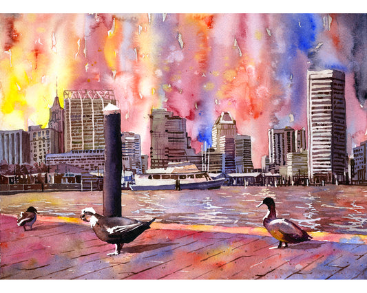 Baltimore MA watercolor landscape, sunset artwork architecture trendy wall art handmade item duck wildlife art skyscraper harbor artwork (original)