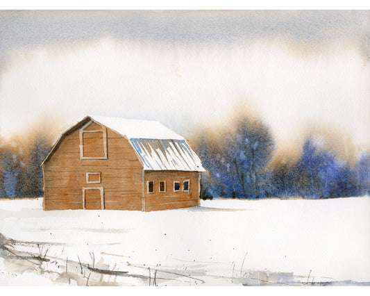 Watercolor painting of barn outside landscape artwork barn decor.  Landscape painting snowy barn and mountain (original art)