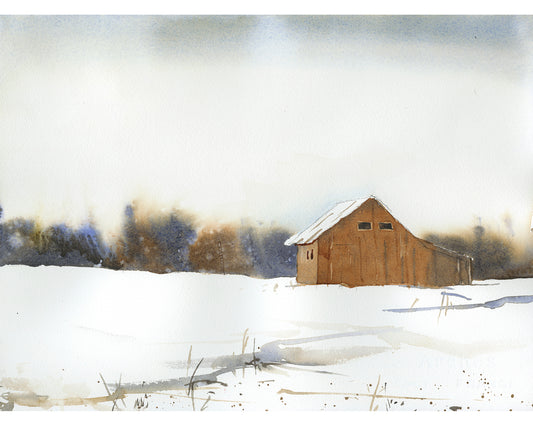 Copy of Weathered barns in field colorful watercolor painting.  Barn landscape painting watercolor yellow sunset artwork Barn decor (original)