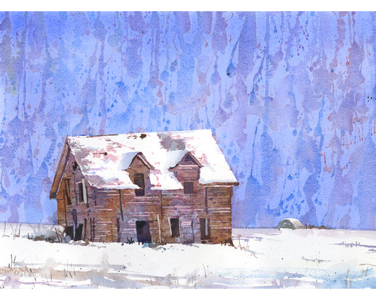 Painting of barn covered by snow, fine art watercolor landscape painting snowy barn home decor (original)