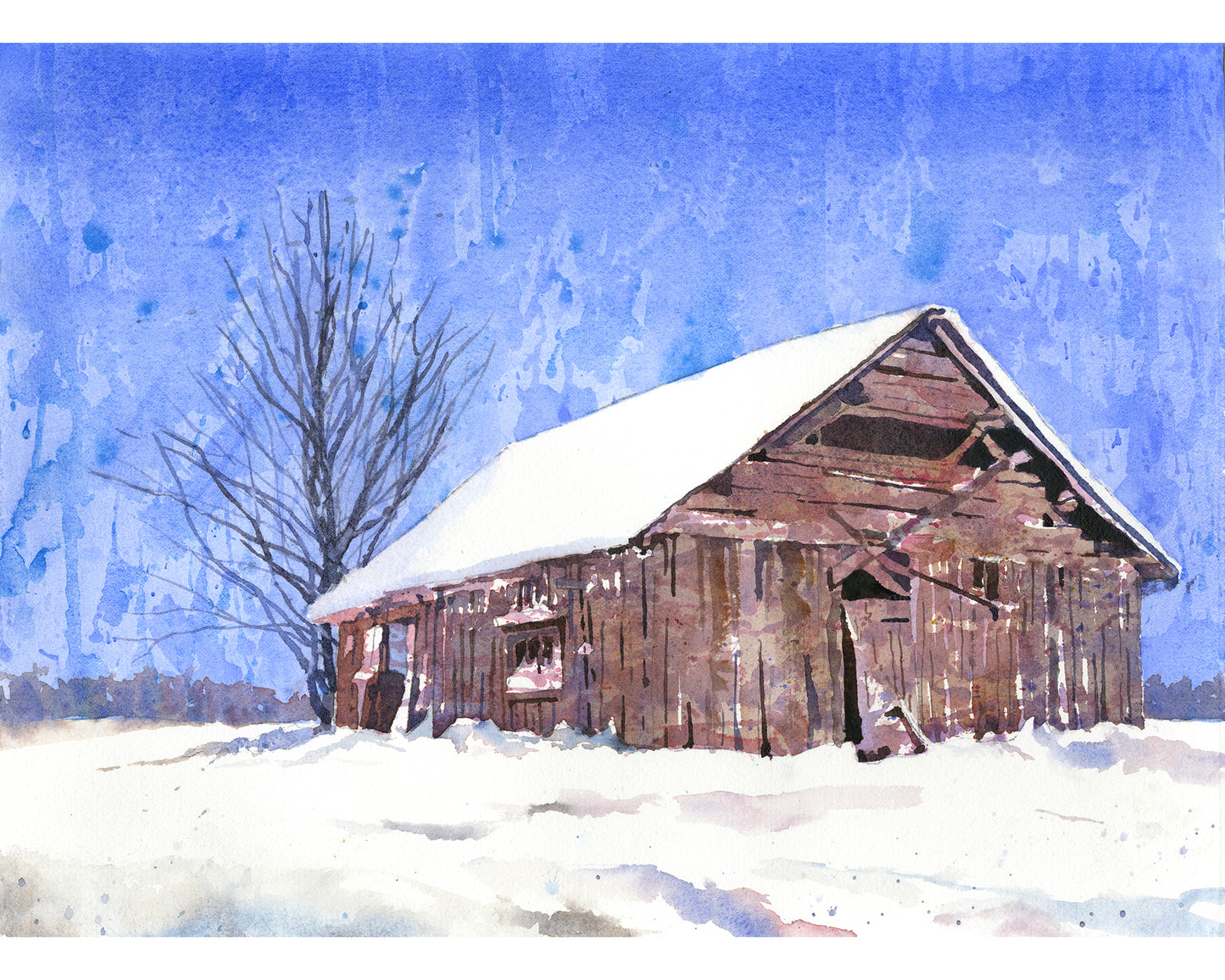 Watercolor landscape painting barn snowy field, trendy wall art handmade item art for house interior design gicee (print)