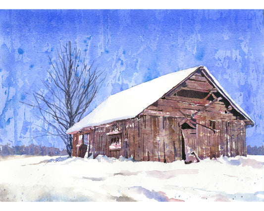 Watercolor landscape painting barn snowy field, trendy wall art  art for house interior design (original)