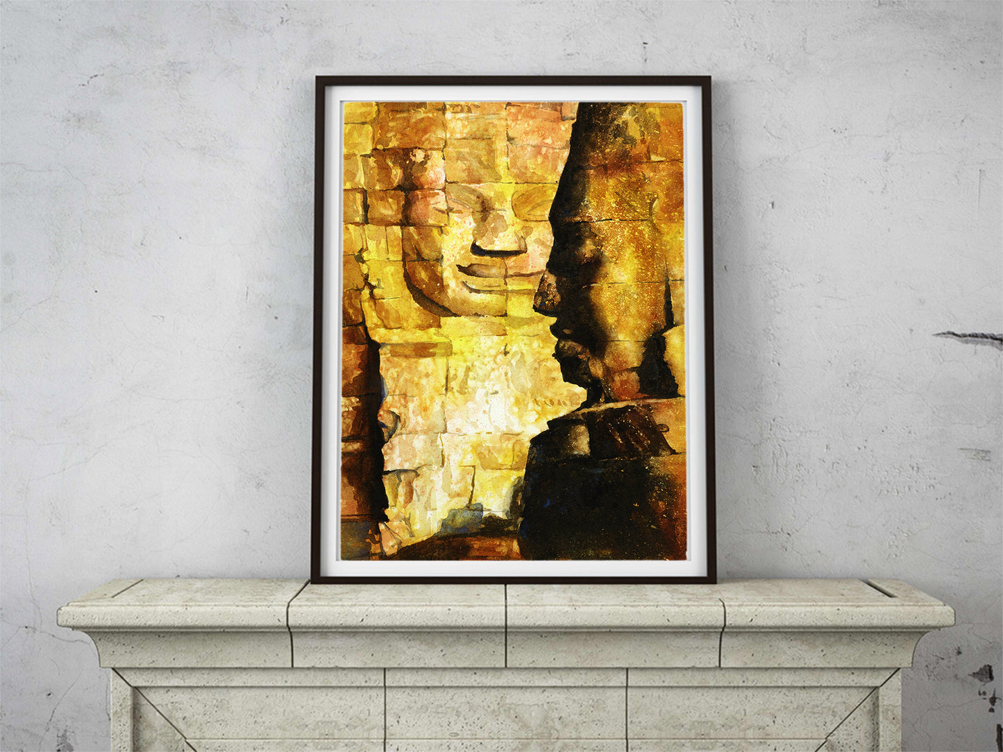 Ruins of  Bayon temple at Angkor Wat ruins-Cambodia.  Angkor art, watercolor Angkor, fine art yellow painting wall art yellow small painting