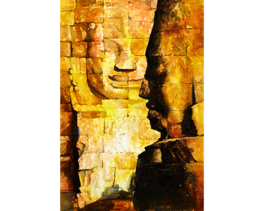Ruins of  Bayon temple at Angkor Wat ruins-Cambodia.  Angkor art, watercolor Angkor, fine art yellow painting wall art yellow small painting