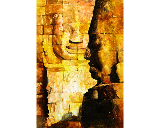 Fine art watercolor of Bayon Temple ruins at Angkor Wat silhouetted against a vibrant Cambodian sunset—great UNESCO World Heritage archaeology wall decor.