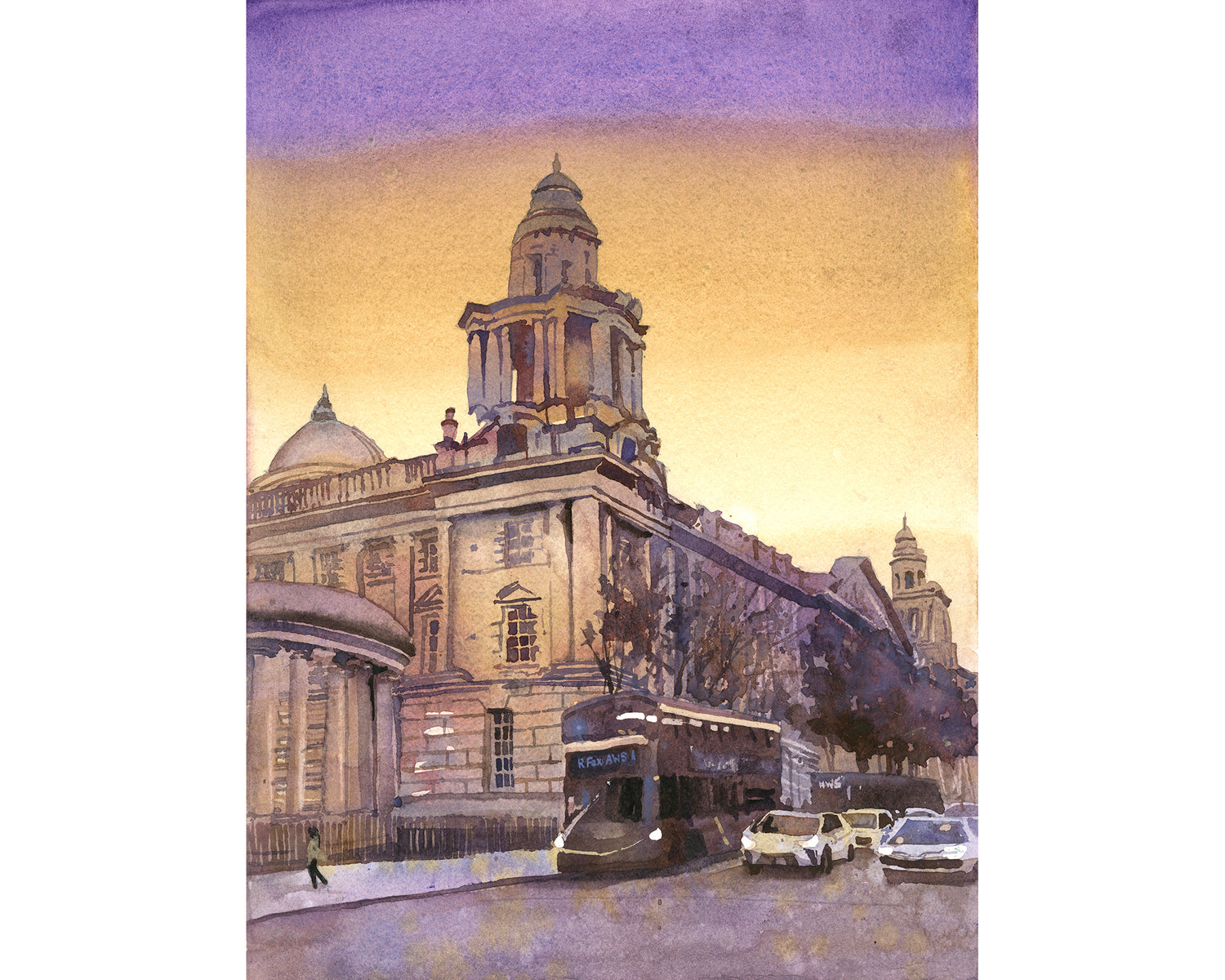 Watercolor painting of Belfast City Hall Ireland skyline at sunset with tram