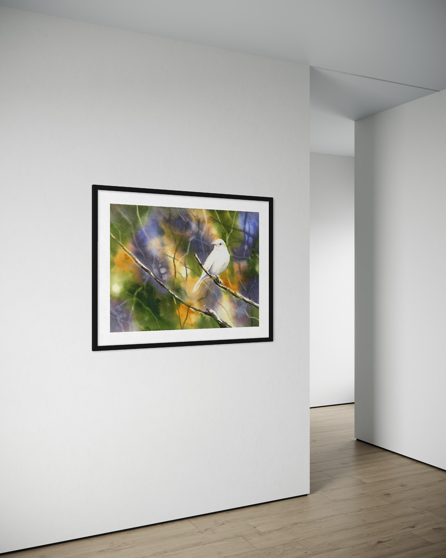 White bird colorful watercolor landscape art (original)