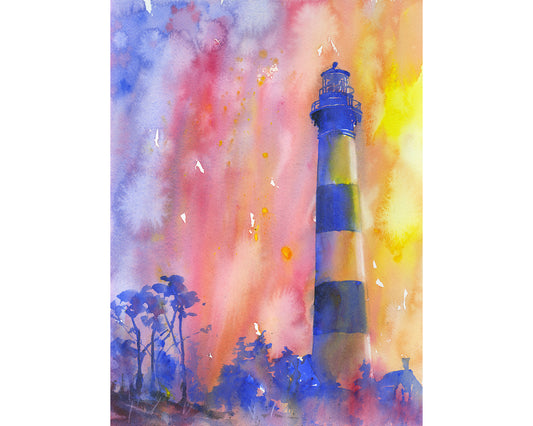 Bodie Island lighthouse at sunset in Outer Banks (OBX) of North Carolina- USA, Lighhtouse watercolor landscape fine art Bodie Island (print)