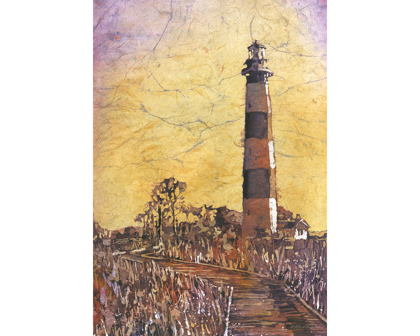 Painting Bodie Island lighthouse Outer Banks NC, colorful landscape beach watercolor painting trendy wall art handmade item giclee (print)