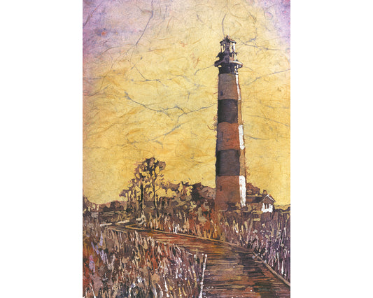 Painting Bodie Island lighthouse Outer Banks NC, colorful landscape beach watercolor painting trendy wall art  giclee (print)