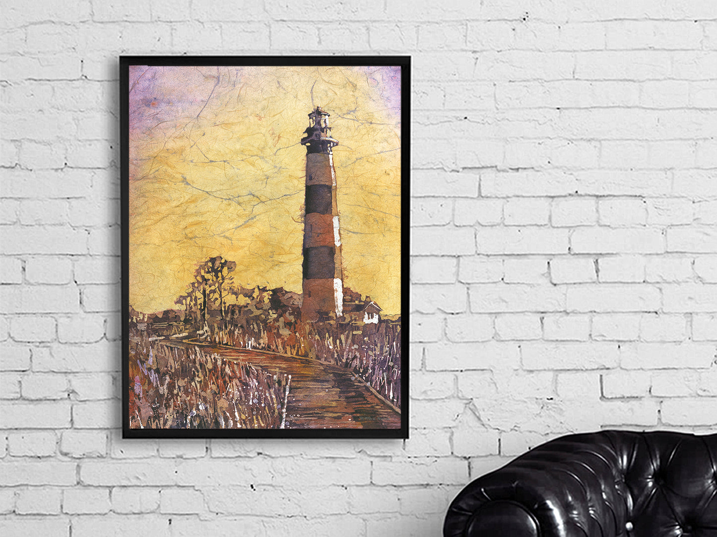 Painting Bodie Island lighthouse Outer Banks NC, colorful landscape beach watercolor painting trendy wall art handmade item giclee (print)