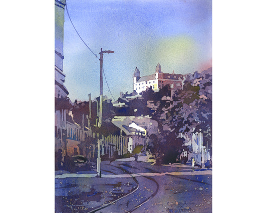 Bratislava Eslovaquia paisaje urbano acuarela pintura de puesta de sol, arte de pared de moda artículos esenciales de viaje arte para la casa (original)