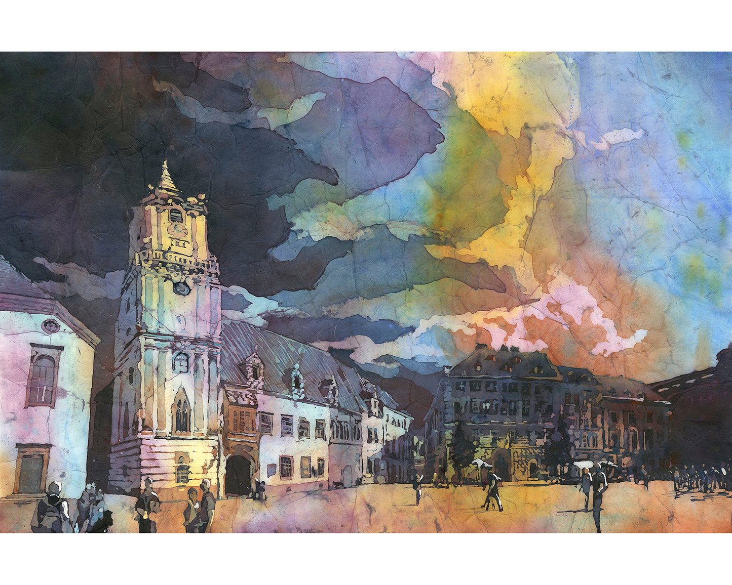 Bratislava Slovakia Old Town Hall at sunset colorful watercolor batik painting art for house interior design handmade item (print)