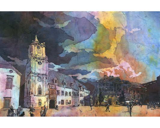 Paisaje de acuarela Bratislava Eslovaquia pintura al atardecer, arte de pared de moda, artículos esenciales de viaje para la casa (impresión)