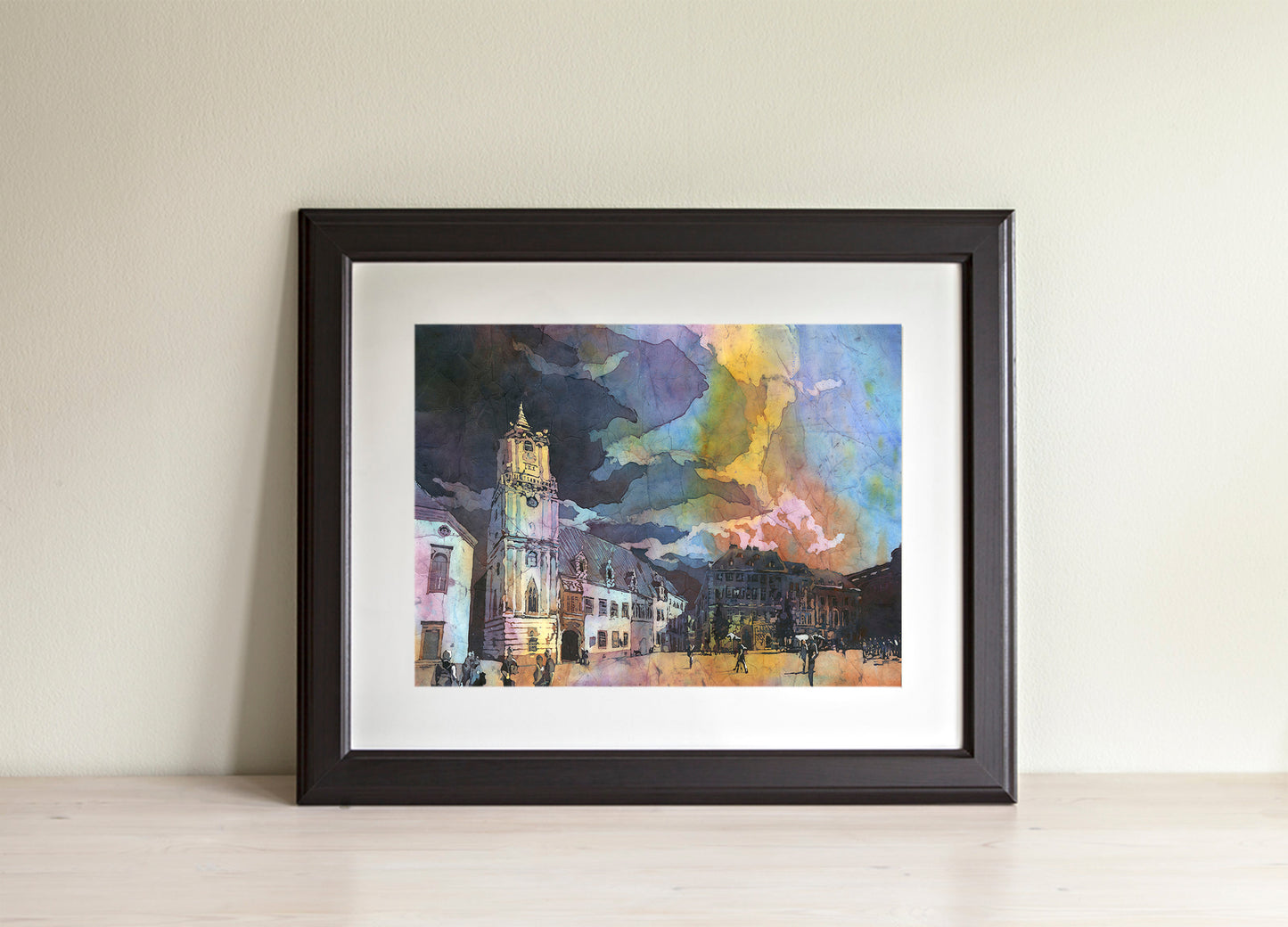 Bratislava Slovakia Old Town Hall at sunset colorful watercolor batik painting art for house interior design handmade item (print)