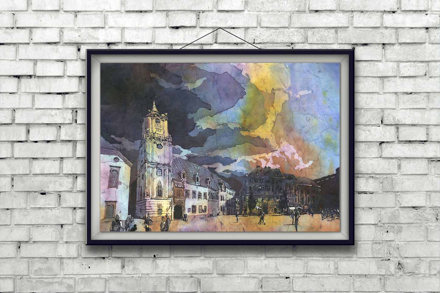 Bratislava Slovakia Old Town Hall at sunset colorful watercolor batik painting art for house interior design handmade item (print)