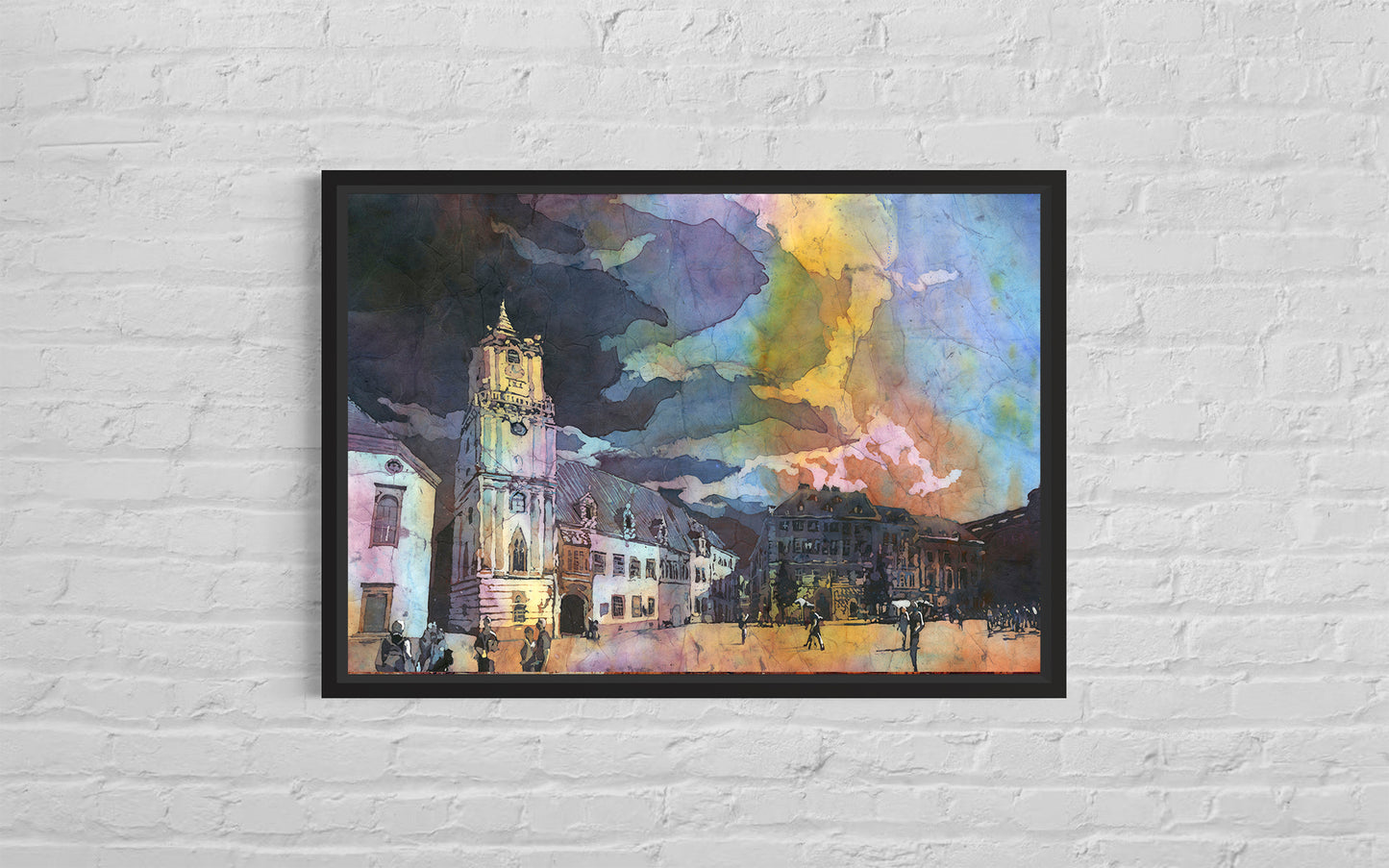 Bratislava Slovakia Old Town Hall at sunset colorful watercolor batik painting art for house interior design handmade item (print)