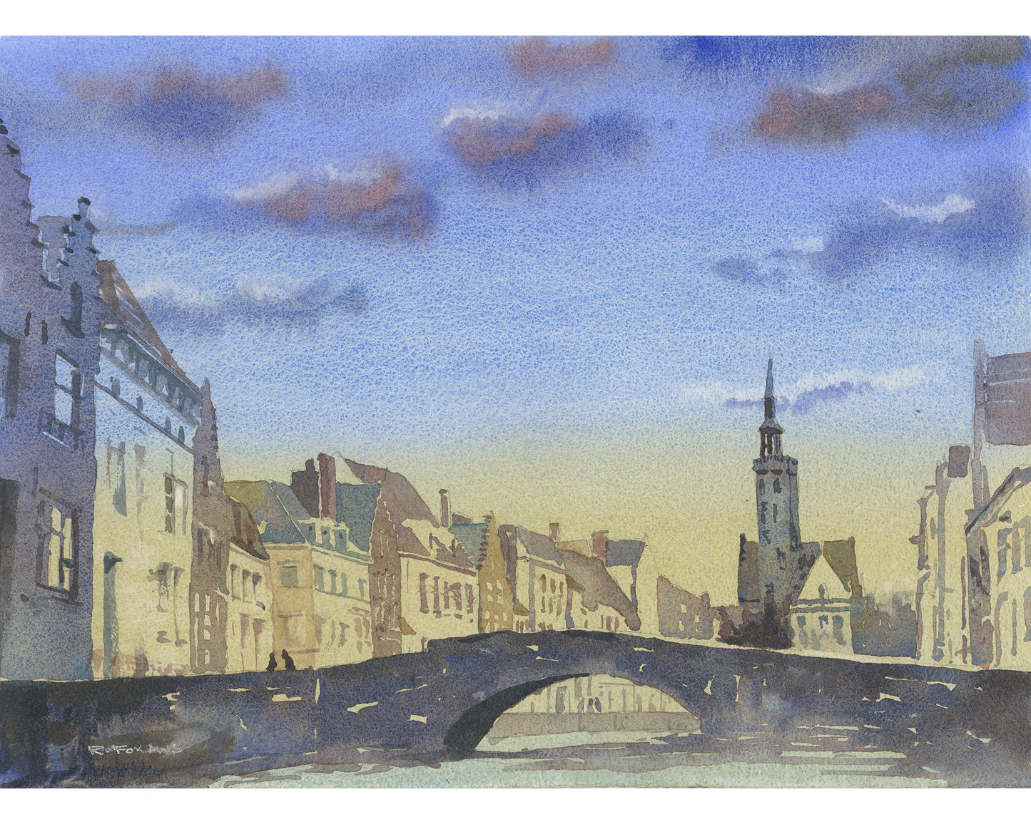 Bruges, Belgium sunset painting.  Watercolor painting Belfry of Bruges rising over medieval builidngs of city.  Bruges skyline artwork watercolor sunset (original)