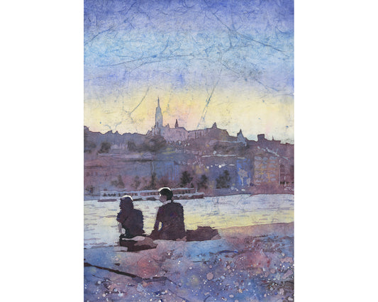 Watercolor landscape Budapest Hungary batik painting, trendy wall art travel essentials colorful home decor Europe giclee (print)