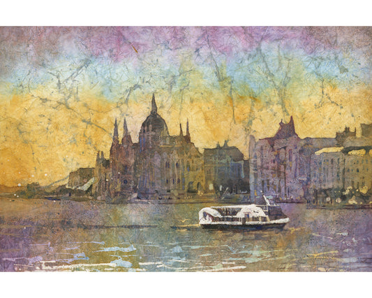 Watercolor landscape Budapest Hungary batik painting, trendy wall art travel essentials colorful home decor Europe giclee (print)