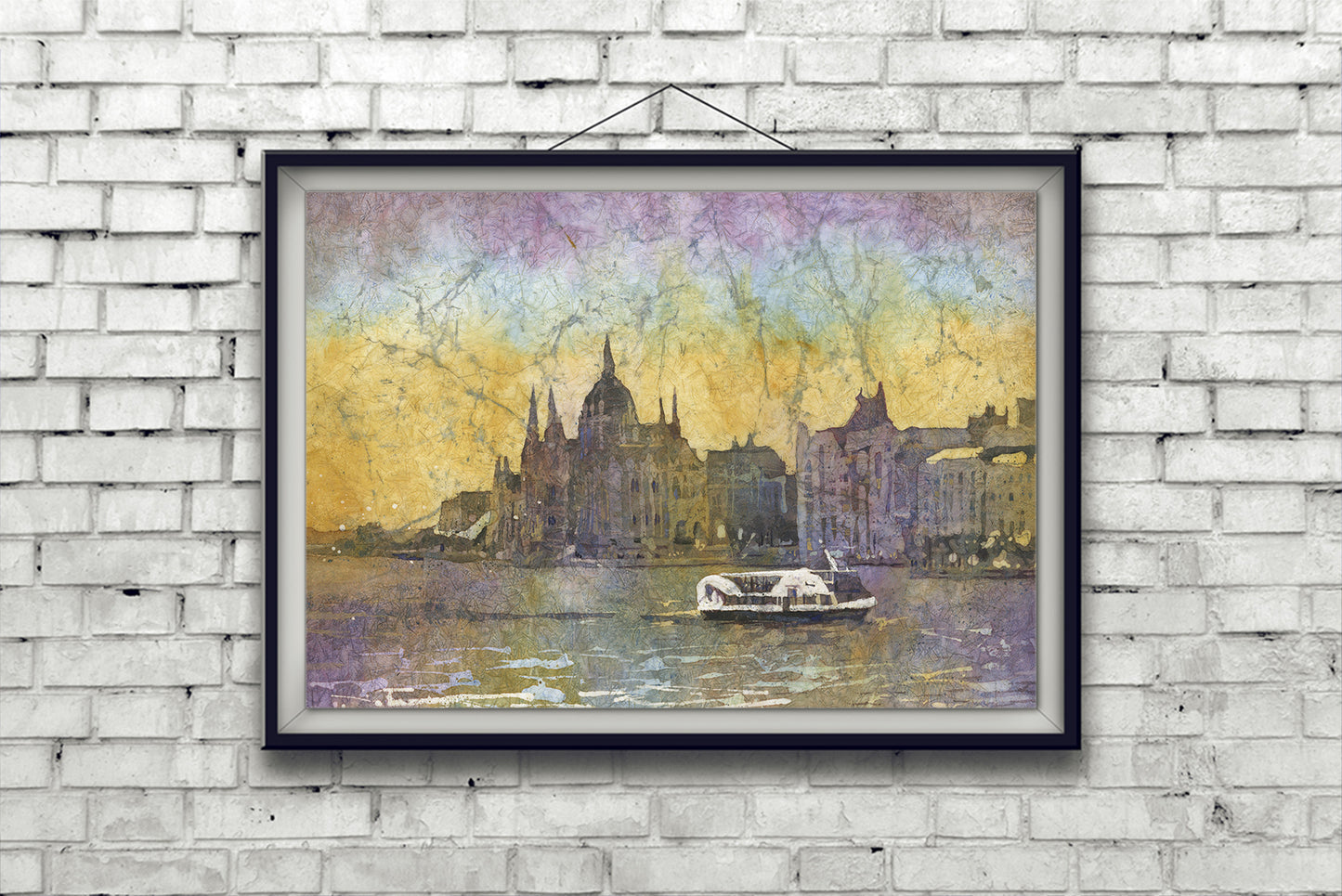 Watercolor landscape Budapest Hungary batik painting, trendy wall art travel essentials colorful home decor Europe giclee (print)