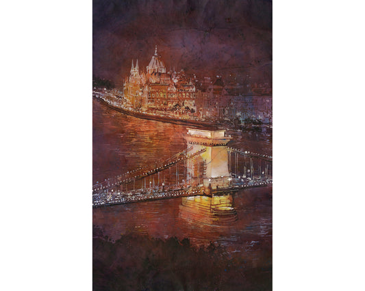 Budapest skyline watercolor landscape Hungary handmade item art for house travel essentials home decor batik painting (original)