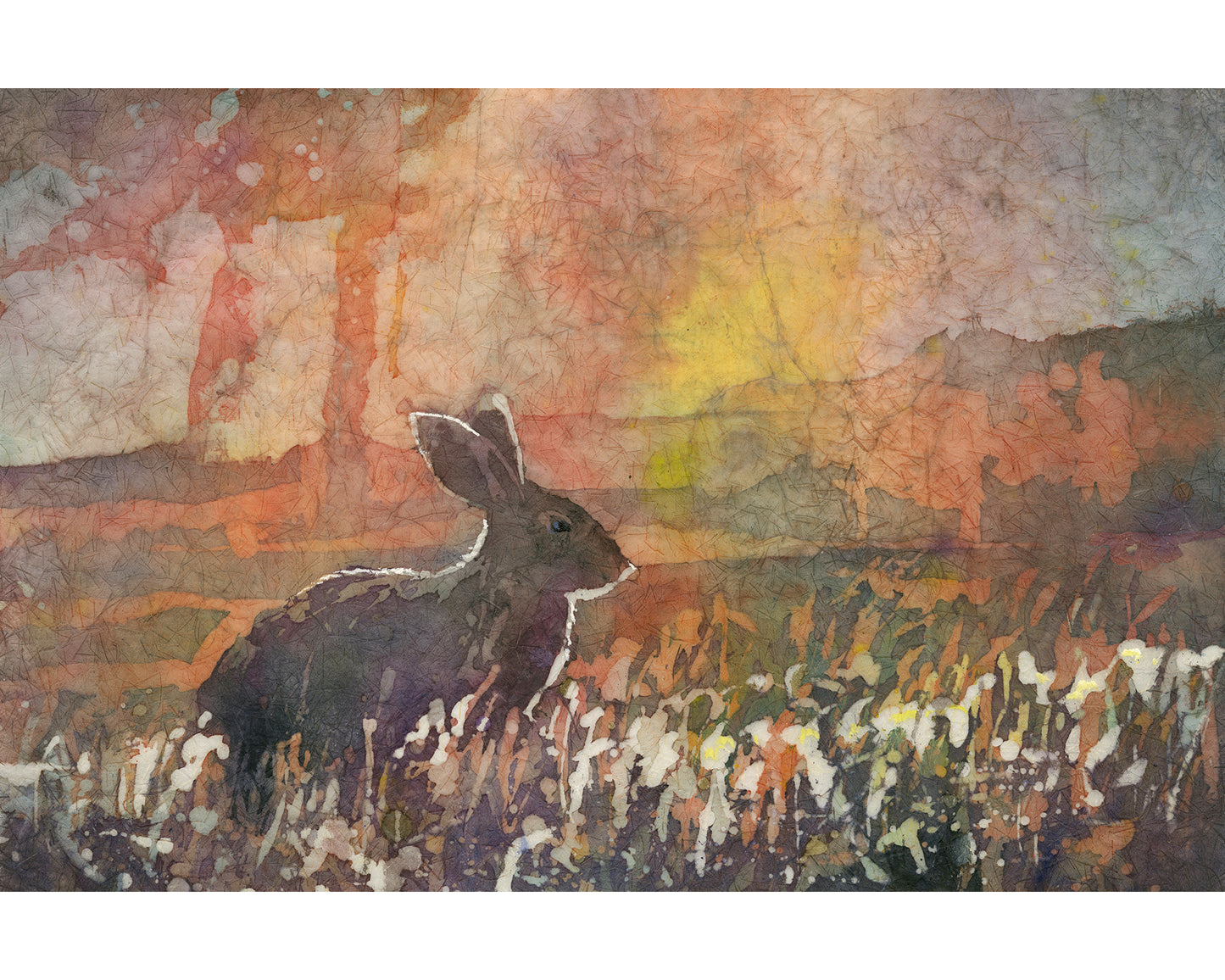 Bunny rabbit colorful watercolor batik painting kids room decor art for house handmade item interior design (original)