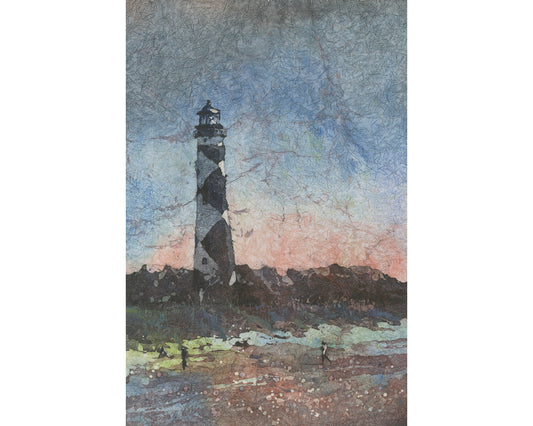 Colorful landscape Cape Hatteras lighthouse watercolor batik painting, handmade item travel essentials beach house decor (original)