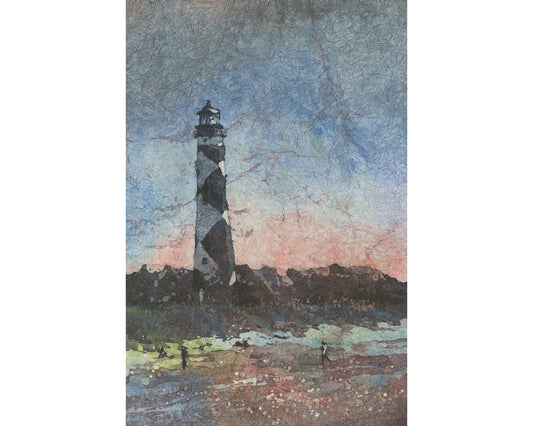 Paisaje colorido faro de Cabo Hatteras acuarela batik pintura, artículo hecho a mano artículos esenciales de viaje decoración de la casa de playa giclee (impresión)