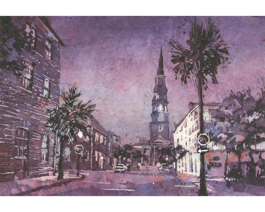 Horizonte de Charleston: iglesia histórica en la ciudad colonial de Charleston, Carolina del Sur. Charleston acuarela pintura paisaje bellas artes (impresión)