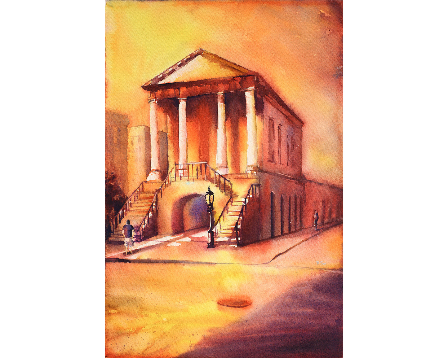 Downtown Charleston- South Carolina at sunset- fine art watercolor painting.  Charleston watercolor painting, wall art Charleston (print)