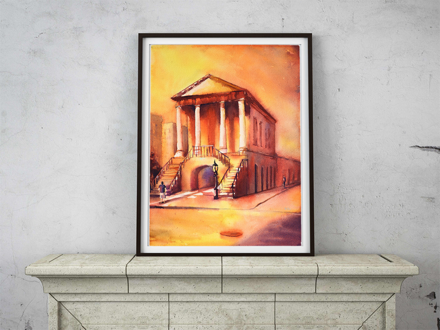 Downtown Charleston- South Carolina at sunset- fine art watercolor painting.  Charleston watercolor painting, wall art Charleston (print)