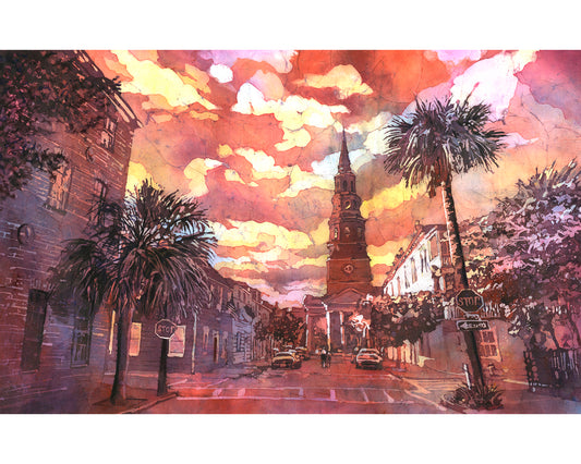 Charleston SC church colorful watercolor batik painting landscape art handmade item travel essentials art for house (original)