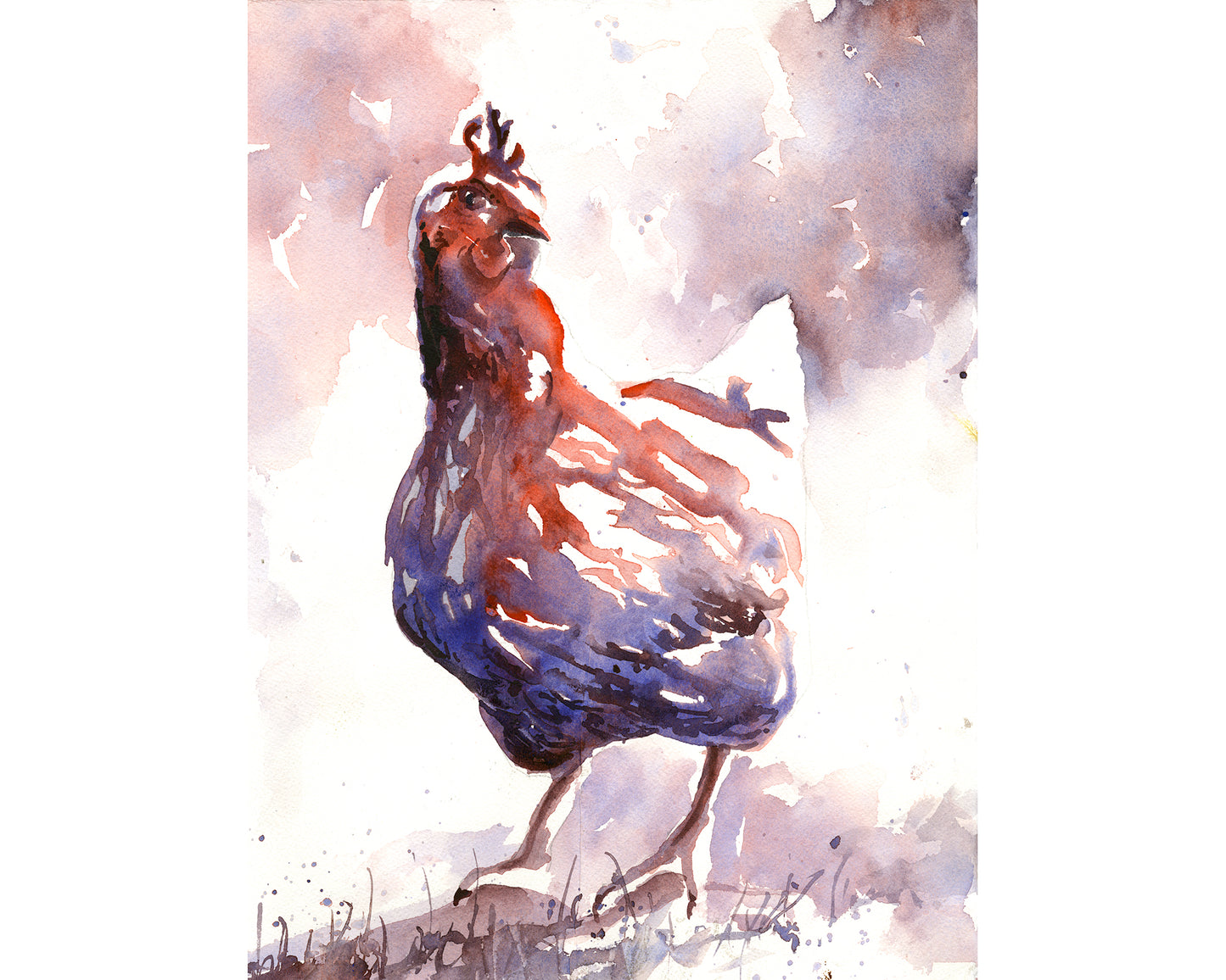 Colorful watercolor painting of a chicken barnyard bird artwork for kids room decor