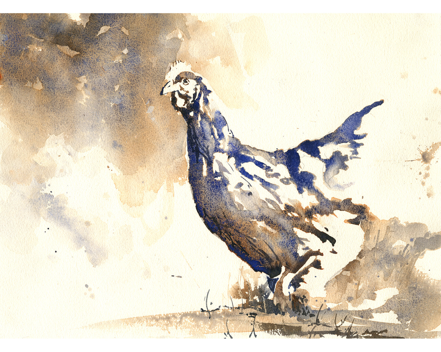 Loose watercolor painting of a barnyard chicken in earthy neutral tones