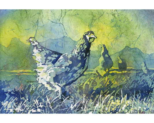 Colorful rooster watercolor batik painting, perfect for kids’ rooms and farmhouse-themed decor.