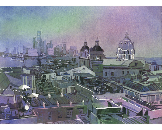 Cartagena Colombia Watercolor Painting – Old Town Cathedral Skyline (original)
